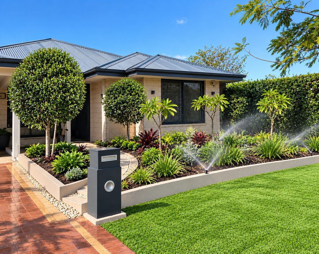 Retic sprinklers watering a new lawn and garden beds in a front yard